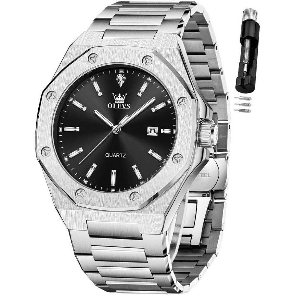 Olevs Men's Silver-Black Stain Steel Analog Luminous Waterproof Easy Wear Watch